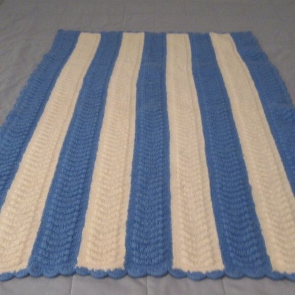 Handmade Crochet Afghan Throw Striped Blanket 47x35 Cream Blue Scalloped Edges